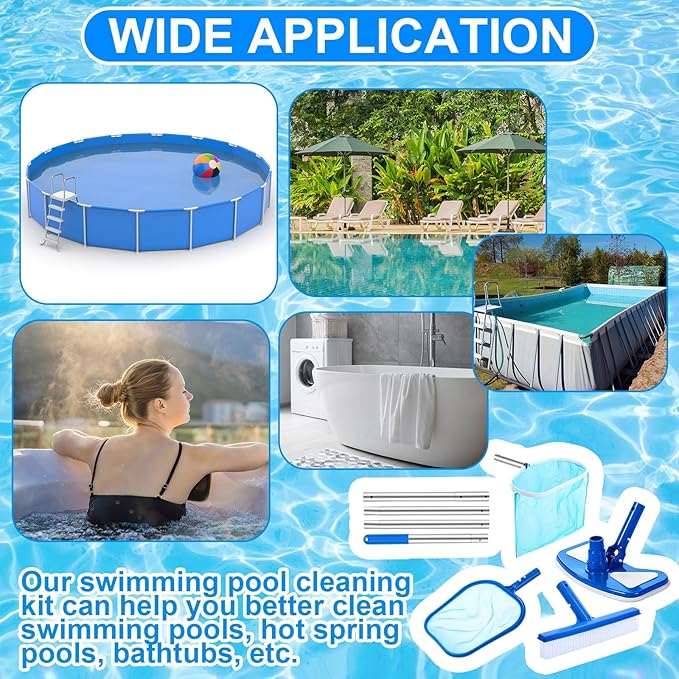 Tioncy 5 Pcs Pool Vacuum Cleaning Kit Includes Round Corner Pool Vacuum, 2 Skimmer Nets with 47" Adjustable Pole and 1 Brush for Above Ground Ponds Hot Tub Spa Wall Floor Cleaning Maintenance