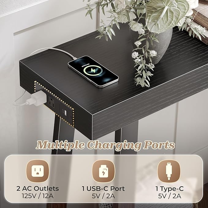 Huuger Entryway Console Table with Charging Station, USB-C Port, 39.4 Inch Sofa Table with Metal Legs, Entry Hallway Table with Thicker Desktop, Modern Behind Couch Table, Black