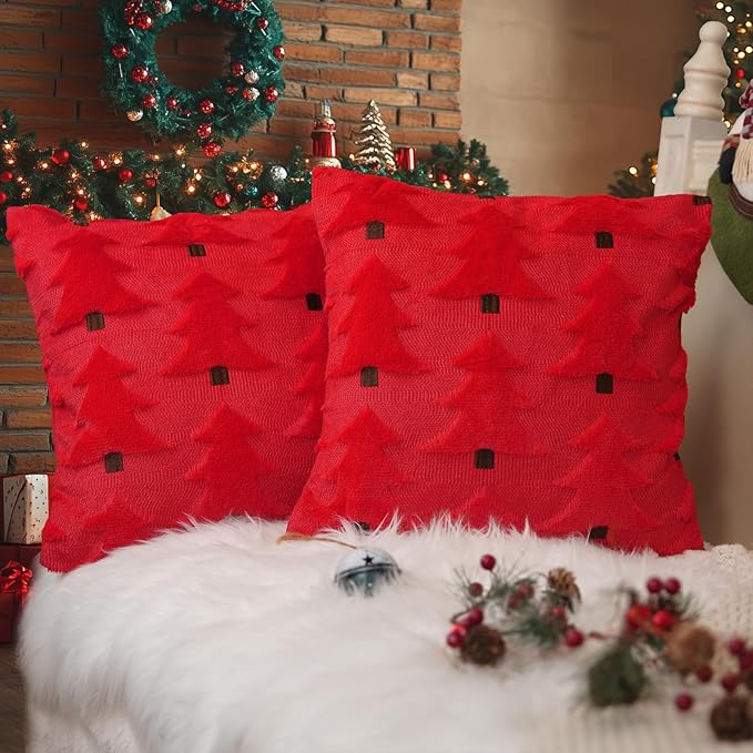 GEEORY Christmas Pillow Covers 22x22 Inch Set of 2, Christmas Decorations Xmas Tree Soft Plush Fluffy Faux Fur Decorative Throw Pillows Farmhouse Winter Cushion Case Red Brown GC035-22