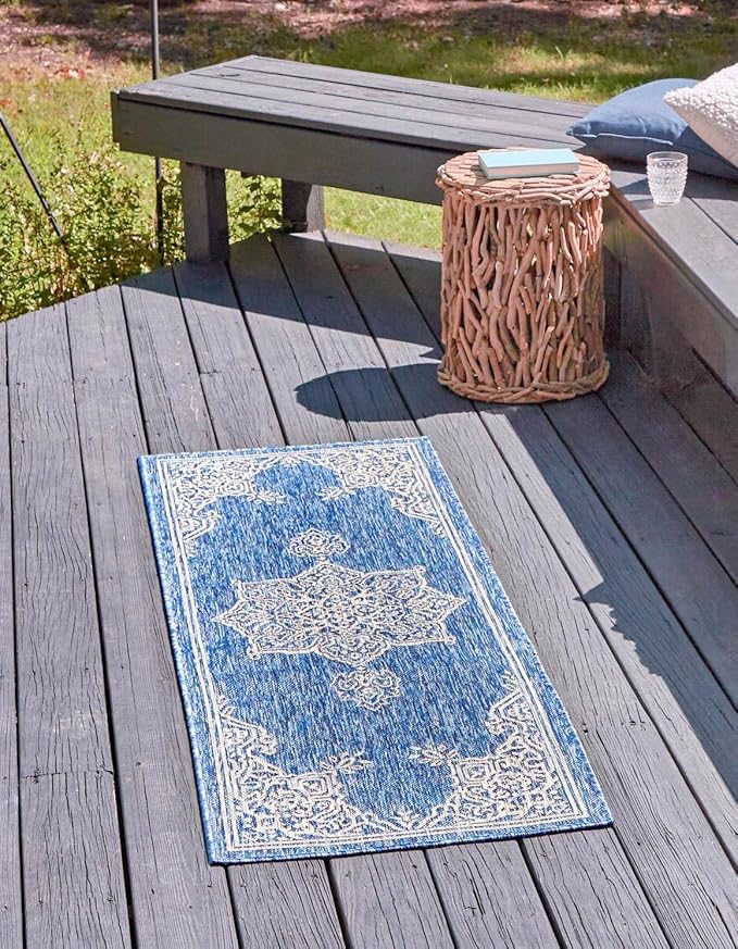 Unique Loom Outdoor Traditional Collection Area Rug - Antique (2' x 8' Runner Blue/Ivory)