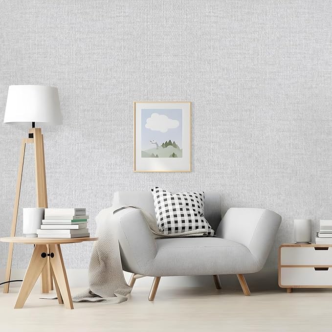 Light Grey Grasscloth Peel and Stick Wallpaper, Vintage Textured Contact Paper