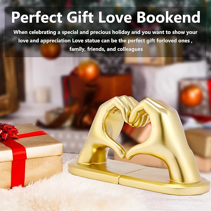 Book Ends Heart Design for Mom, Gold Bookends for Shelves, Non-Skid Bookend, Heavy Duty Resin Book Stopper for Books, Decorative Holder, Gifts for Mother's Day 10.43 x 3.93 x 5.51’’, Gold