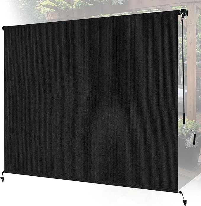 6'W x 8'H Black Patio Shades Roll up Outdoor Roller Shade Crank Wand Blind
