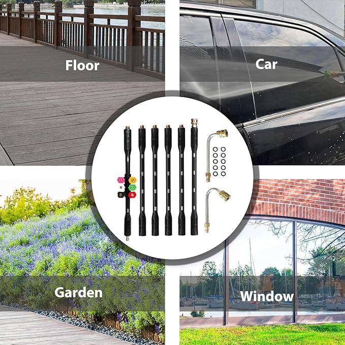 YUET Pressure Washer Extension Wand - 9 Pack Gutter Cleaning Tools Extension Wand with 6 Spray Nozzle Tips, Power Washer Replacement Lance, 1/4" Quick Connect, Anti-Leaked Ring Replacement, 4000PSI