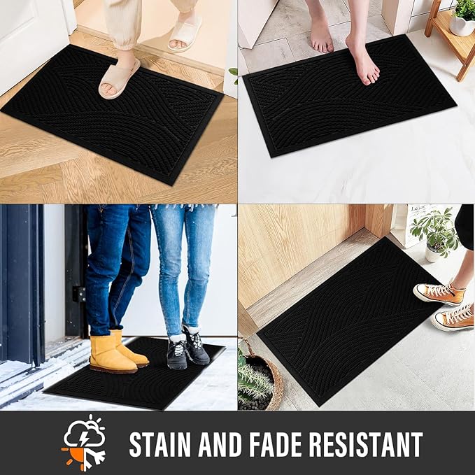 Sturdy Front Door Mat, Absorbent Muddy Dirt Resist Welcome Door Mats Outdoor Indoor, Stain and Fade Resistant, Non-Slip Backing Entry Mat Low Profile Doormat for Entryway, 36×24, Black