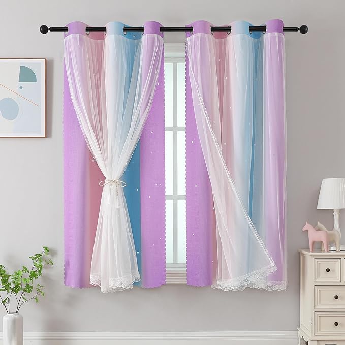 XiDi Curtains for Bedroom Decor, Rainbow Pink Purple/42/79