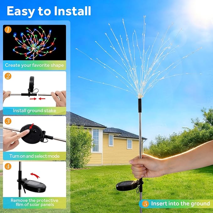 2 Pack 300 LED Solar Garden Lights Outdoor Waterproof Decorative, 8 Modes Firework Lights Solar Powered, Multicolor Sparkler Fairy Light for Yard Patio Pathway Lawn Landscape Flowerbed Party Decor