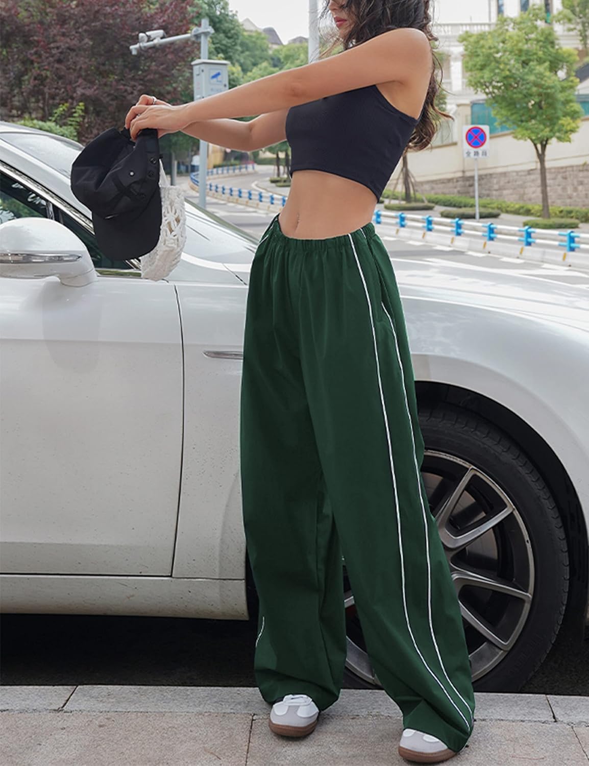 Springrain Women's Wide Leg Track Pants - Slouchy Stripe Detail Jogger Sweatpants with Pockets