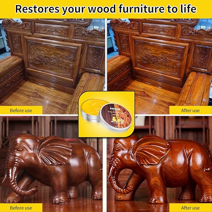 PIPIHUA Beeswax Polish and Conditioner for Wood Furniture - Waterproof & Restorer Wood Wax, Multipurpose Beeswax Furniture Polish and Cleaner for All Types and Colours, Lemon(2×100g with 3 Sponges)
