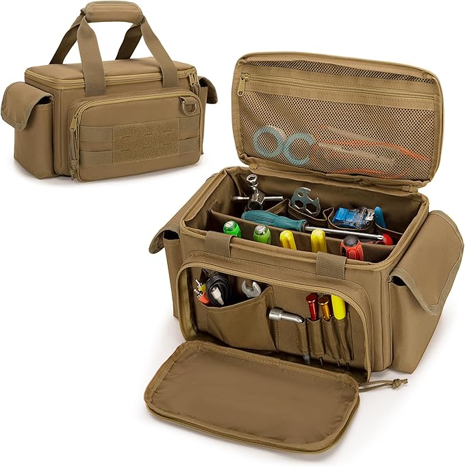 Rexmica Small Tool Bag with Anti-friction and Thick Padded Bottom, Tool Storage Organizer for Men, Tactical Bag, Range Bag, Multi-functional Work Tote for Repairman, Electrician, Carpenters (Khaki)
