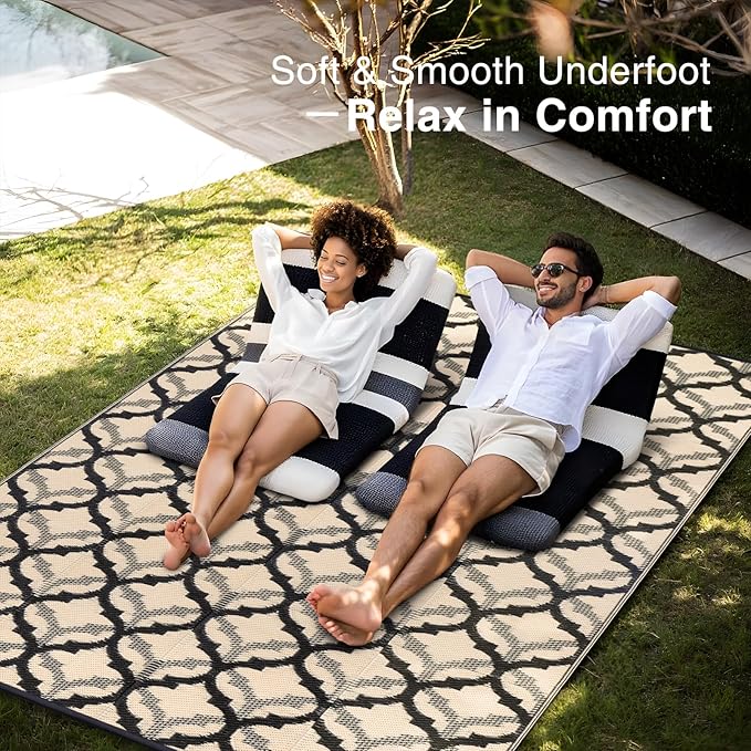 OLANLY Reversible Outdoor Rug 8x10 ft Clearance, Waterproof Outdoor Plastic Straw Rug with Interlacing Pattern, RV Mat for Patio, Camping, Balcony, Deck, Backyard, Black & Beige