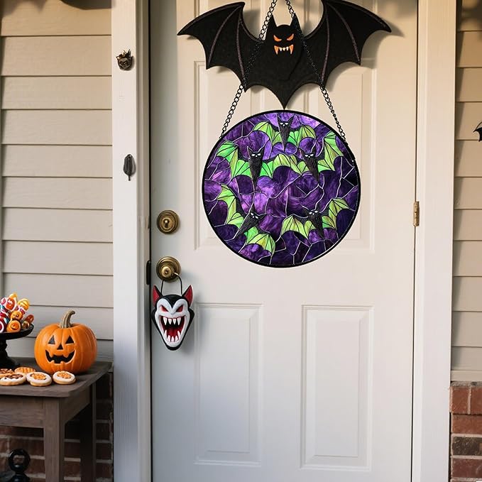 Stained Glass Window Hanging - Halloween Decorations Black Bat with Green Wings Suncatcher for Doors Garden Indoor Spooky Sun Catchers Gothic Decor Horror Gifts for Women Men Friend 15 in