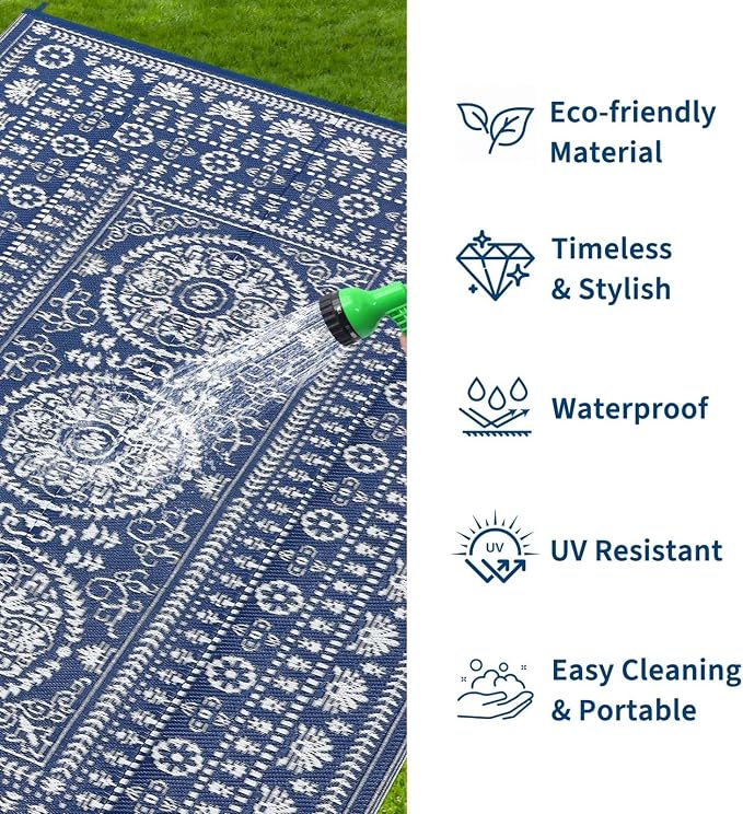 Garvee Reversible Outdoor Rug 6x9 for Patio, Waterproof Outdoor Area Rug, Modern Medallion Indoor Outdoor Rugs, Plastic Straw Rug for RV, Camping, Deck, Vintage Navy