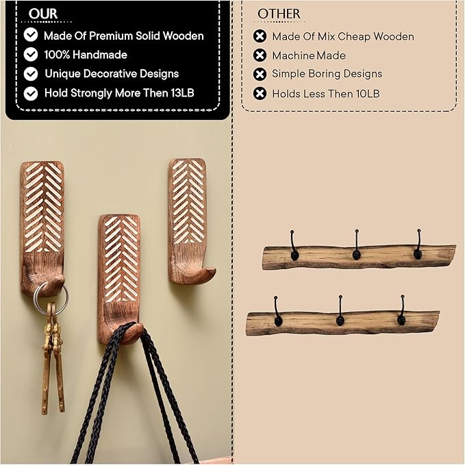IndianShelf 10 LB- 12 Pieces Decorative Wood Adhesive Wall Hooks–Boho Peel and