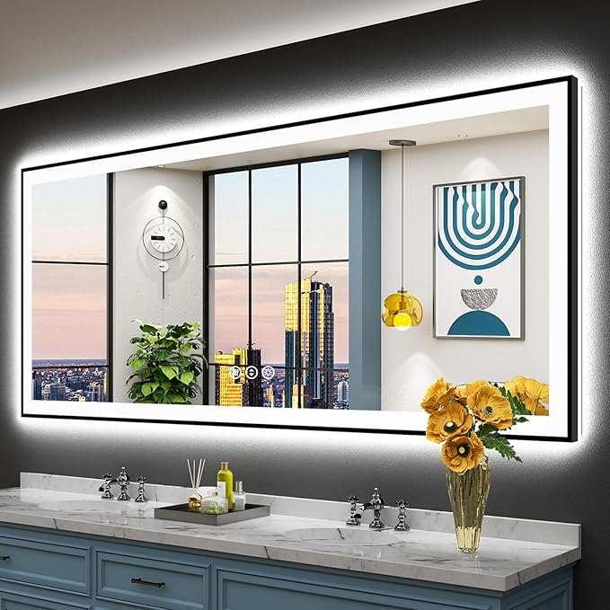 84x32 Black Framed LED Bathroom Mirror