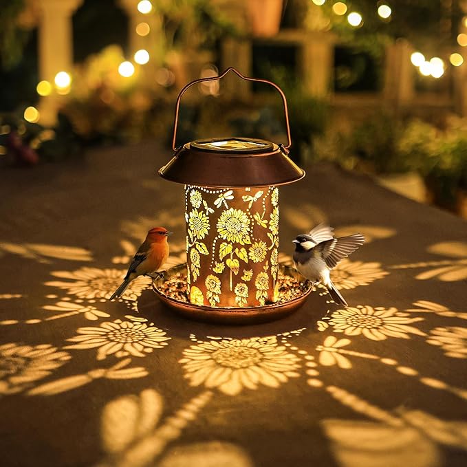 Bird Feeders for Outdoors Hanging Metal Sunflower Solar Bird Feeder Waterproof Solar Lantern Decor Garden Gifts for Women Mom Friends Birds Lovers Decoration for Yard,Patio,Lawn,Christmas