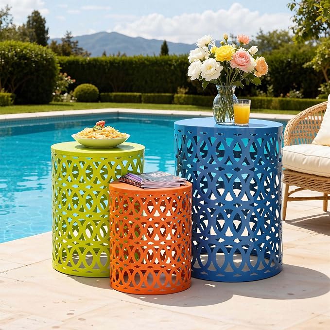 Side Table Set of 3, Modern Decorative Coffee Table with Geometric Cut-Out Design, Durable Metal Table with No Assembly&Weather-Resistant, Industrial Round Garden Stool for Patio, Indoor