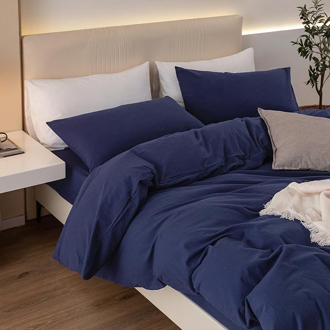 JIYUAN 100% Washed Cotton Duvet Cover Set 3 Pieces King, 1 Duvet Cover 104x90 Inches(Comforter Not Included) and 2 Pillowcases,Linen Feel Bedding Set Comfy and Breathable,Navy Blue