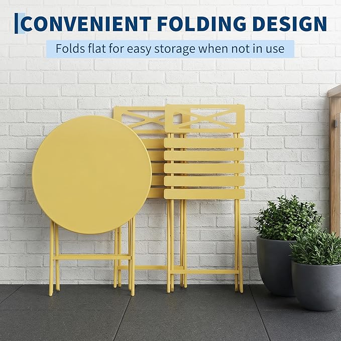 GarveeTech 3-Piece Folding Bistro Set, Heavy Duty Outdoor Patio Furniture with 2 Chairs & 1 Table, Weather-Resistant Steel Frame, No Assembly Required for Garden, Yard, Balcony,Yellow