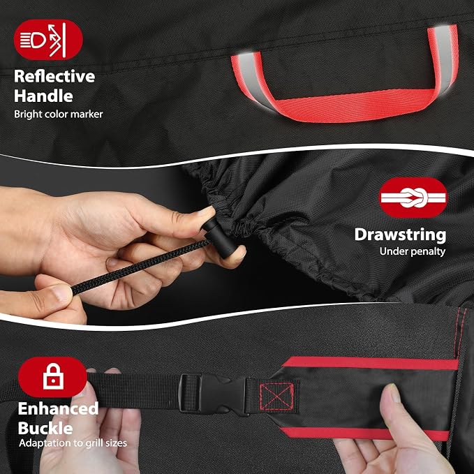 TOPCROWN Grill Cover for Outdoor Grill, BBQ Gas Grill Waterproof Anti-UV Oxford Fabric Windproof Design with Adjustable Straps, Fits Weber/Char-Broil/Nexgrill and More (420D Black+Red, 30" - 32")