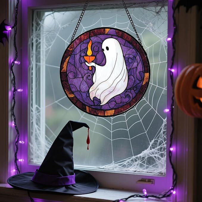 Stained Glass Window Hanging - Halloween White Ghost Purple Suncatcher for Doors Window Garden Spooky Candlelight Sun Catchers Gothic Decor Horror Gifts for Women Men Friend Boy Girl 6.3 in