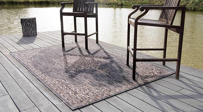 Unique Loom Outdoor Traditional Collection Area Rug - Antique (9' x 12' Rectangle, Charcoal Gray/ Natural)