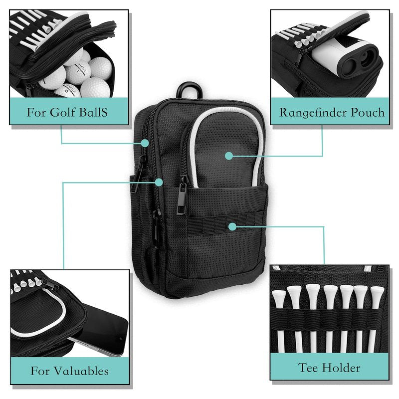 Tactical Golf Valuables Pouch with Clip-On Carabiner – Water-Resistant Golf Tee Bag Pouch for Belt, Cart or Backpack – Compact Golf Accessory Bag for Balls, Tees, Gloves & EDC Gear Black/White