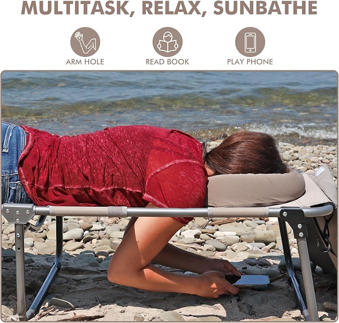 Oversized Extra Wide Tanning Chair with Sun Canopy Face Hole Padded Adjustable Washable, Heavy Duty Layout Folding Lounge Chair for Outside Beach Reading Sunbathing, UPF 50+, XL, Plus Size, 330 LBS