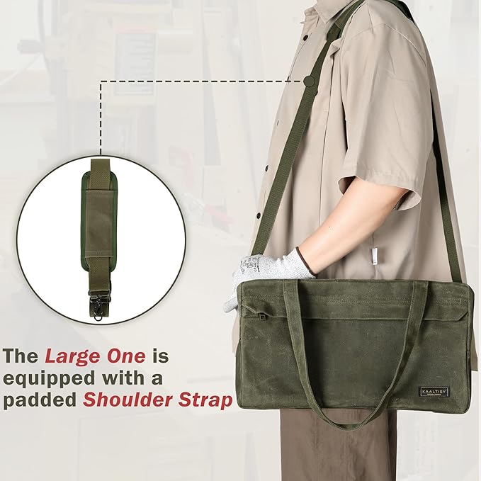 Tool Tote Bag, 16OZ Waxed Canvas Tool Bag with 7-Pocket & Shoulder Strap - for Electrician Contractor Repairman, Multi-Purpose Garden Tools Carrier with Portable Handle, Army Green