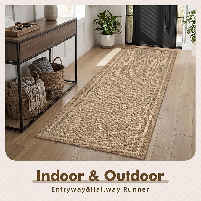 MontVoo-2x6 ft Indoor Outdoor Runner Rugs for Entryway Porch Hallway Kitchen Door Entrance Long, Textured Weave Polypropylene, Durable for High Traffic, Fade-Resistant, Boho Geometric Neutral Brown