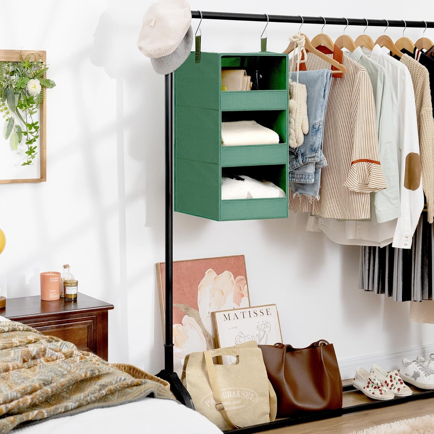 GRANNY SAYS 3-Shelf Closet Organizers and Storage, Foldable Hanging Closet Organizer, Hanging Closet Shelves with 2 Metal Hooks, Leak-Proof Closet Storage for Sweater, Clothes Organizer, Dark Green