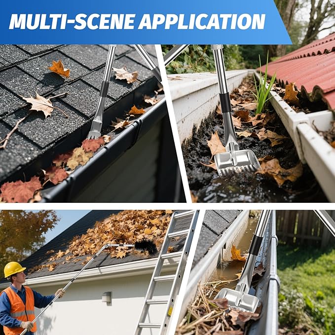 10.5FT Gutter Cleaning Tools from the Ground, Adjustable Length Gutter Cleaning Pole with Gutter Scoop, Gutter Brush, Gutter Rake, Efficient Gutter Cleaner for Leaves, Twigs & Debris