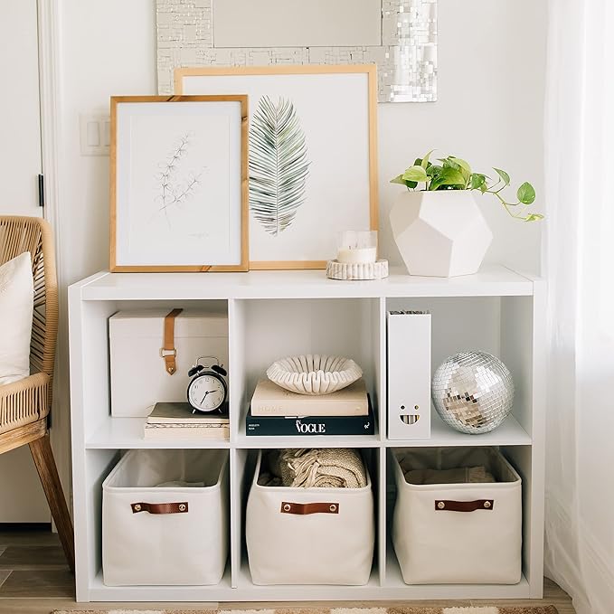 OrganiHaus Large Fabric Storage Baskets for Shelves 3 Pack | 15x11 inches Closet Bins Cloth Cubes Linen Organizers Basket - White Basket