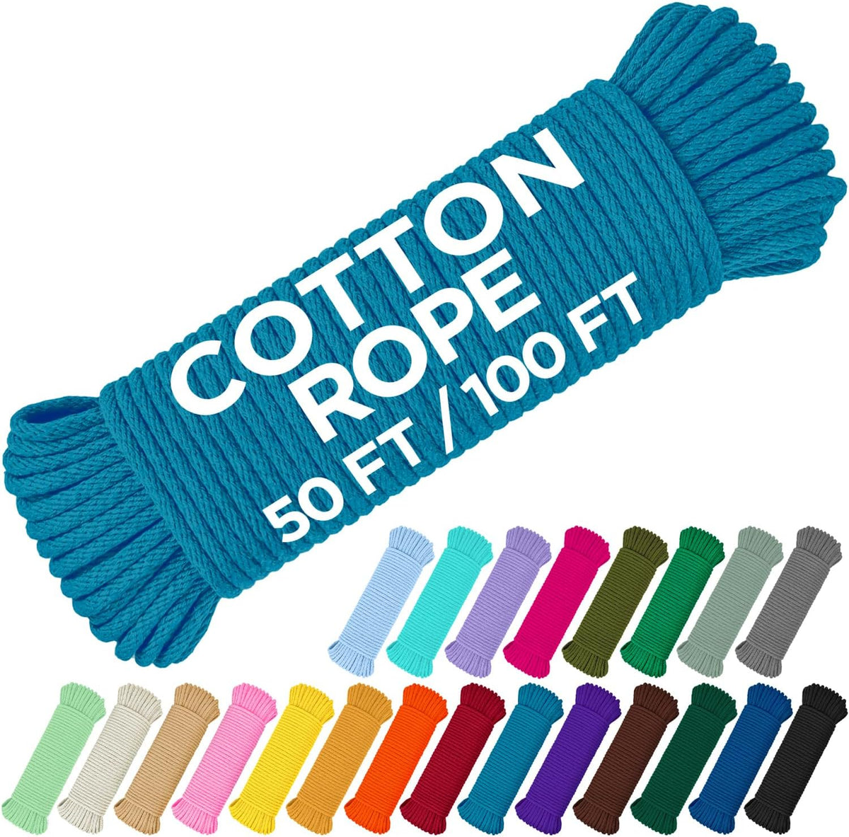 TECEUM Cotton Rope 3/16” (5 mm) – 100 FT – Strong All-Purpose Braided Rope – Natural Cotton – for Crafting, Сamping, Clothes Line, DIY, Indoor & Outdoor Use – Sky Blue