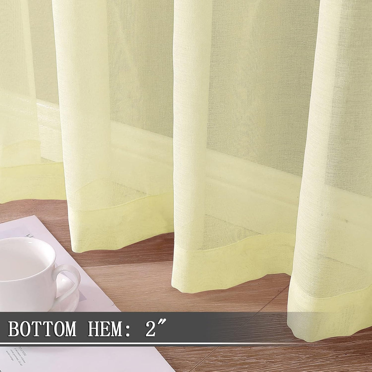 Tollpiz Sheer Curtain Linen Textured Bedroom Curtains Sheer Light Filtering Rod Pocket Voile Curtain for Living Room, 54 x 95 inches Long, Transparent Yellow, Set of 2 Panels