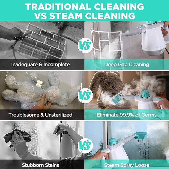 HAUSHOF Handheld Steam Cleaner, Steam Cleaner for Home with Tool Bag & Safety Lock, 11 pcs Accessories, Multi-purpose Natural Steam Cleaner for Cleaning Floor, Car, Upholstery, Grout and Grease