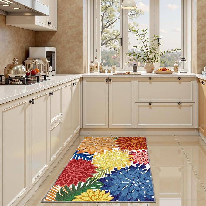 Arenarug 2x3 Colorful Washable Small Rug Tropical Botanical Modern Floral Indoor Chenille Door Mat Carpet Non Slip for Patio, Entry Way, Entrance, Porch, Rainbow
