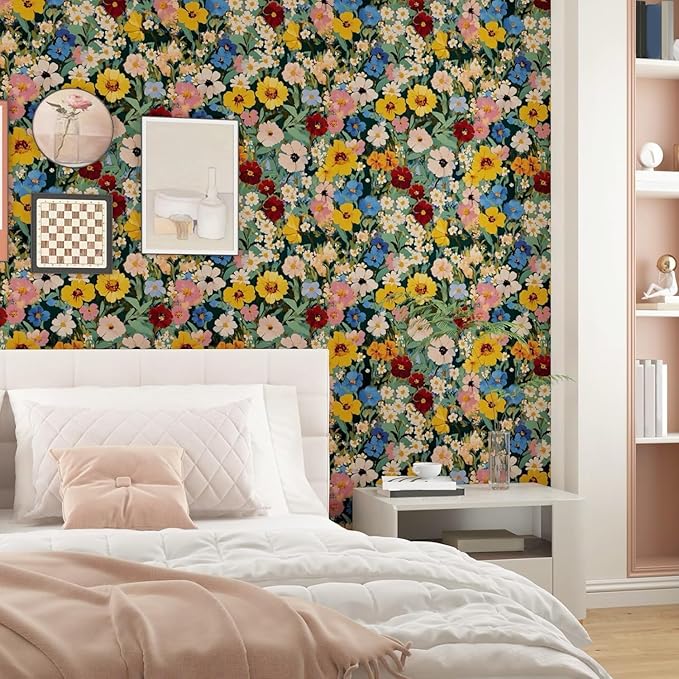 BOKEBEVE Watercolour Floral Peel and Stick Wallpaper Colorful Boho Contact
