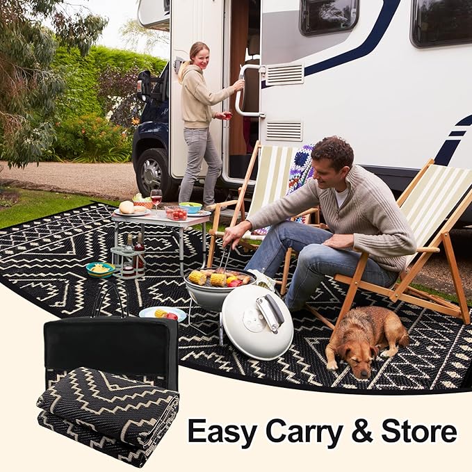 Wonnitar 8x10 Outdoor Rug, Large Waterproof Reversible Plastic Straw Rug for Patios, Indoor/Outdoor Area Rug Lightweight Camping Rug for Outside RV Balcony Garden Deck (Black & Beige,8'x10')