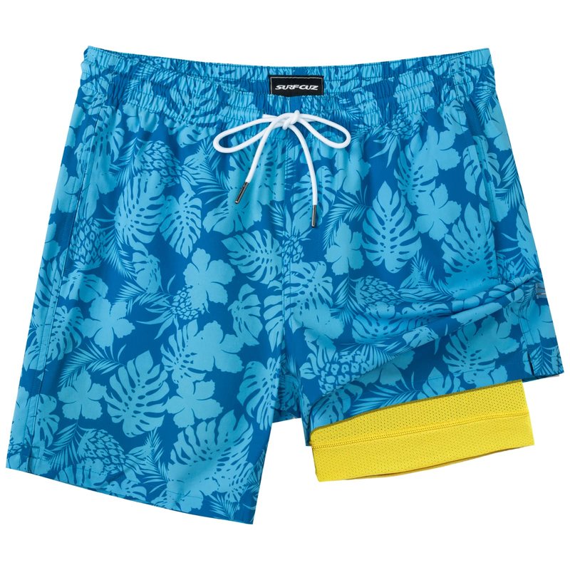 SURF CUZ Mens Swim Trunks with Compression Liner Quick Dry Swim Shorts 7" Swimming Trunks Stretch Zipper Pockets Blue Flower Leaves Small