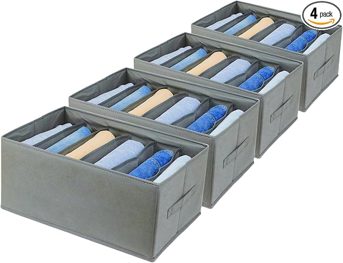 Extra Large Clothes Closet Organizer 6 Compartments for Jean Sweater Sheets to Shirt - Divided Clothing Storage Boxes for Closet, Wordrobe, Bedroom, Shelf (4pc Gray)