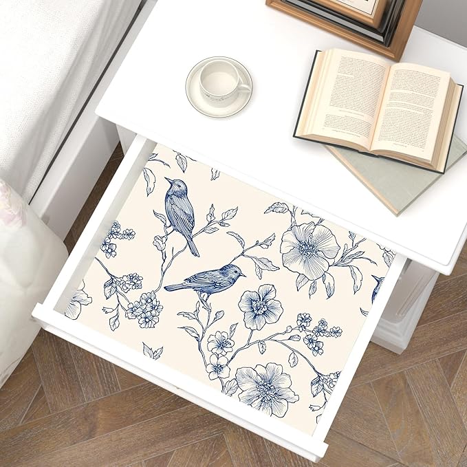 Beige Wallpaper Peel and Stick Blue Floral Bird Vintage Contact Paper 17.5" x