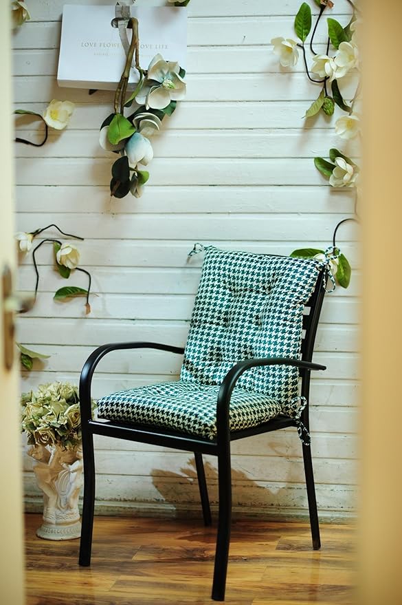 Outdoor Patio Cushion, Rocking Chair Cushion, Tufted Pads, Set of Upper and Lower with Ties Pack of 2 (2 Sets) - Back 20"×17", Seat 17"×17" (Green Houndstooth)