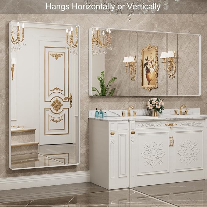 LOAAO 72x36 Inch White Metal Framed Bathroom Mirror for Wall, White Bathroom Vanity Mirror Farmhouse, Large Rounded Rectangle Mirror, Anti-Rust, Tempered Glass, Hangs Horizontally or Vertically