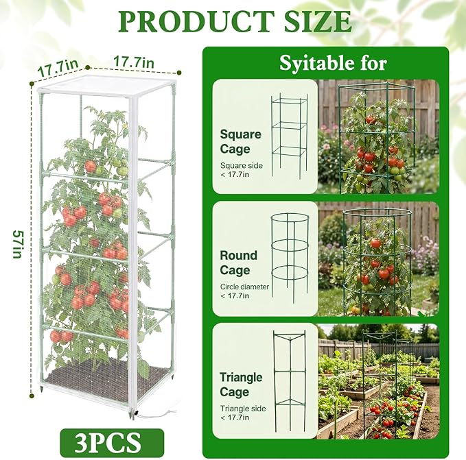 3 Pcs Tomato Netting for Garden Protection, 57" X 17.7" X 17.7" Square Tomato Cage Insect Barrier Plant Netting Mesh Cover with Zipper & Drawstring, for Vertical Climbing Plants Vegetables Fruits