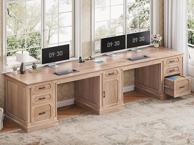 SEDETA Farmhouse 110.3" Two Person Desk with 7 Drawers, Long Computer Desk with Storage Cabinet, 2 Person Desk with Power Outlets for Home Office, Natural Oak