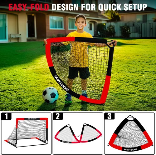 BORNEW Soccer Goals - Portable Pop Up 2 Pack for Backyard & Indoor Play | Sizes 7X5, 6X4, 4X3 ft
