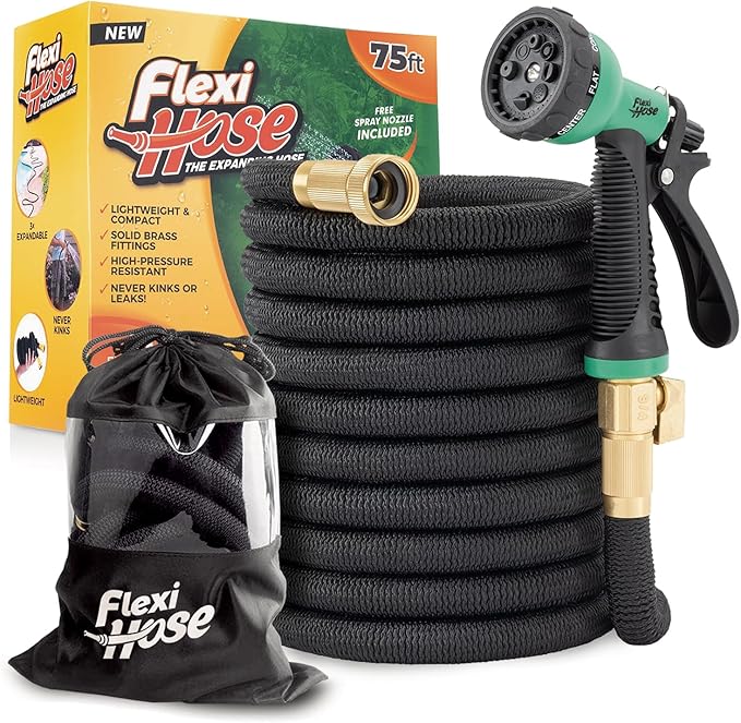 Flexi Hose Plus Expandable Garden Hose with 8 Function Nozzle, 75FT - Lightweight Retractable Garden Hose, Water Hose - No-Kink Flexibility, 3/4 Inch Solid Brass Fittings Includes Hook & Bag