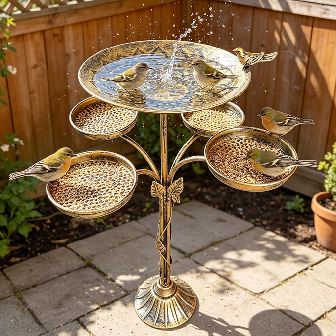 33.5 "H Metal Bird Bath for Outside with 4-Bird Feeder & Cast Iron Base, BirdBaths for Outdoors,Garden Patio Decor for Yard
