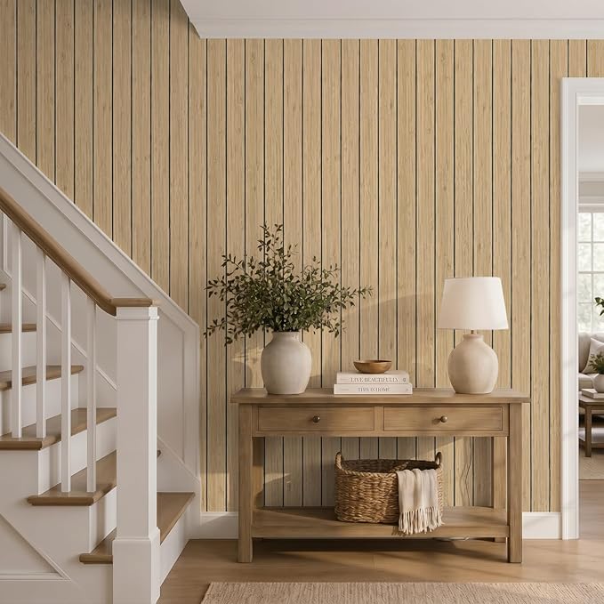 VEELIKE Tan Birch Wood Slat Wall Panels Peel and Stick Decorative Faux Wood